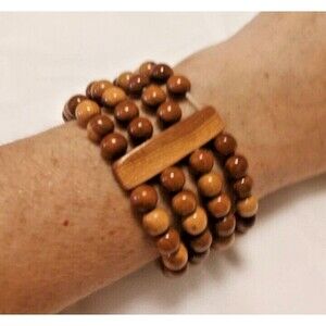 Brown Layered Multistrand Wooden Beaded Stretch Bracelet w /Bar Accent Unisex
